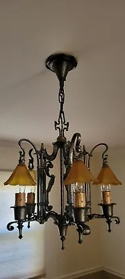 Vintage Antique Storybook Chandelier Cast Iron 5 Light Gruber Bros Smoke Bells • $875