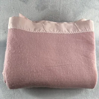 Vintage 100 Percent Wool With Satin Trim Blanket 91  X 66” Pink Made In America • $39.99