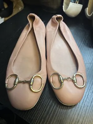 Gucci Shoes 38.5 Ballet Flats Baby Pink Leather Gold Horsebit Logo Skimmer Flat • $110.49