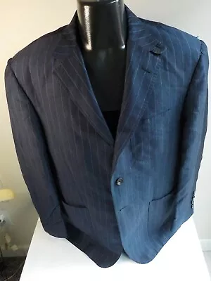 DAVID CHU Linen/Silk Blue Striped 3 Button Blazer Notch Lapel Tab Collar SZ 44R • $99.95