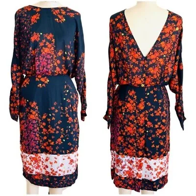 PREEN LINE Long Sleeve V-back Pencil Midi Dress In Navy/red Floral Size XS • $155