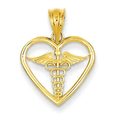 14k Yellow Gold Caduceus Medical Symbol In Heart Charm Pendant  0.87 Inch • $132.11