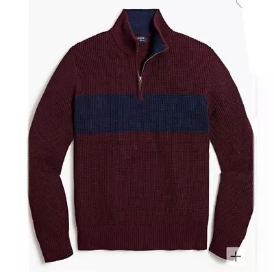 J. CREW Cotton Waffle Half-Zip Burgundy Sweater W/ Navy Stripe Sz M • $22