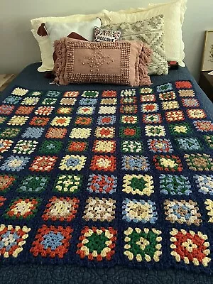 Vintage Crochet Granny Square Blue Multicolor Afghan Blanket 48x50 • $8