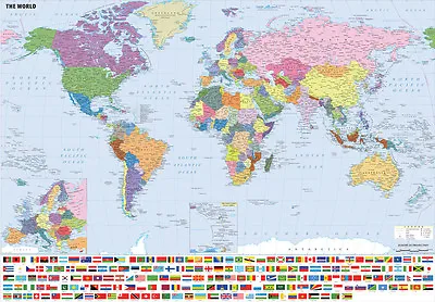 Giant Large A2 A0 A1 World Map Wall Chart Including Flags Laminated Option Map01 • £14.99