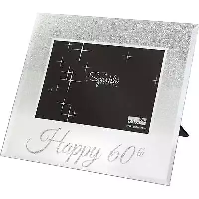 HAPPY 60TH BIRTHDAY PHOTO FRAME 6x4 INCH KEEPSAKE GIFT MIRRORED SILVER GLITTER • £10