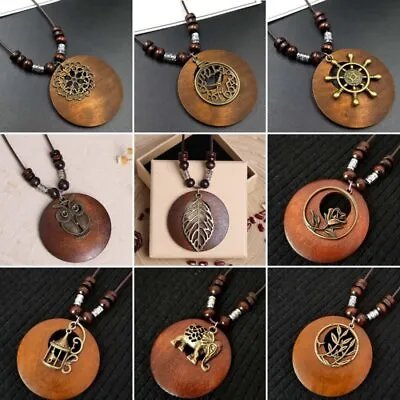 Retro Style Wooden Beads Pendant Necklace Tibetan Long Sweater Chain Jewelry Hot • $1.67
