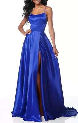 Lecureler Long Satin Spaghetti Strap Prom Dress Royal Blue Size 12  RRP £49.90 • £22