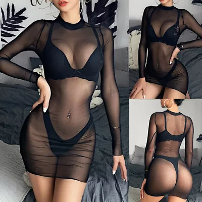 $16.88 • Buy Women's Sexy Sheer Mesh See-Through Mini Dress Long Sleeve Crop Tops Clubwear