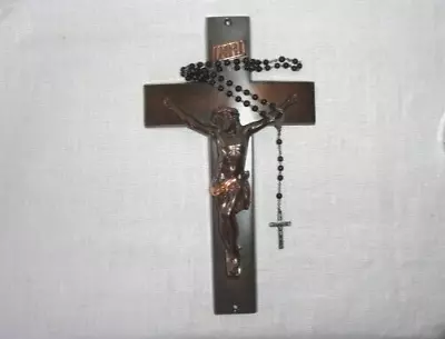 Vintage Religious Lot ~ Crucifix ~ Rosary ~ Black Beads W/Pewter • $15.50