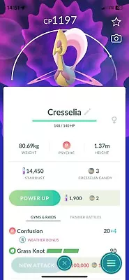 - Cresselia Non Shiny With Grass Knot - Lv 15 CP Below 1500 - Great For GL - PTC • $4.50