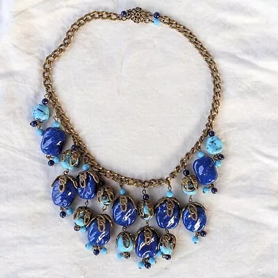 Vintage Unsigned Gripiox Czech Blue Glass Bead Fringe Necklace Miriam Haskell? • $250