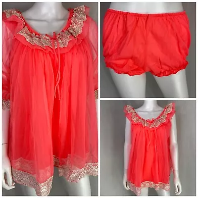 Vintage Chic Lingerie Co 50s/60s Double Chiffon Neon Pink Peignoir Set Sz Large • $125