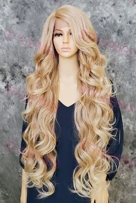 Light Blonde Ombre Extra Long Curly Heat OK Lace Front Human Hair Blend Wig EVEZ • $92.85