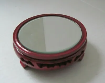 Oriental Small Mirror Round Ornate Wood Base Free Standing Rosewood Vintage • $34.99