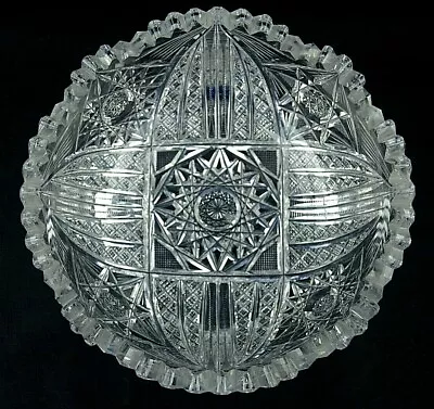 $49.88 • Buy American Brilliant Period Cut Glass Bowl ABP Hobstar Strawberry Zipper Fan Cut