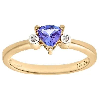 9ct Yellow Gold Tanzanite & Diamond 3 Stone Ring Size L - Trillion Cut • £99.95