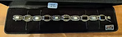 Vintage Beautiful Sterling 7-1/4  Marcasite Mother Of Pearl & Onyx Bracelet • $25.52