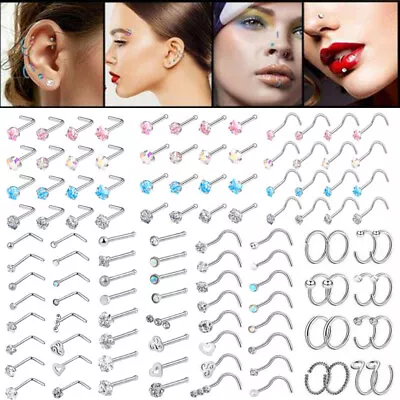 32PCS Stainless Steel & CZ Screw Bone L-Shape Nose Hoop Studs Lip Earring 20G • $8.99