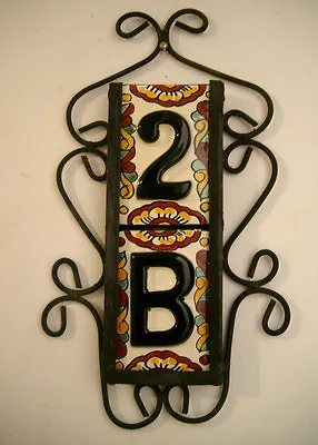 2 Mexican BLACK House Numbers Tiles With VERTICAL Iron Frame  • $37