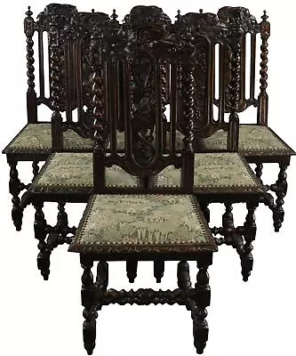 Antique Dining Chairs Hunting Renaissance Green Tapestry Fabric Set 6 Oak • $3939