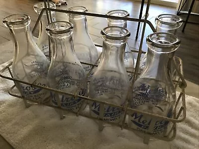 1950’s METAL CARRIER WITH 8 MELROSE DAIRY QUART MILK BOTTLES ORMOND FLORIDA • $295