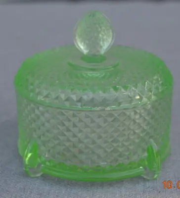 Vintage Green Depression Glass Powder Vanity Dresser Trinket Jar Lidded Footed • $15