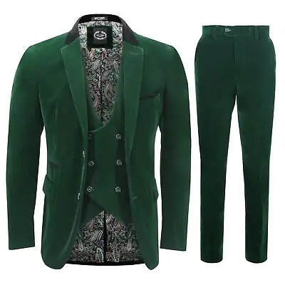 Mens 3 Piece Green Velvet Suit Tailored Fit Wedding Grooms Party Tux Jacket • £199.99