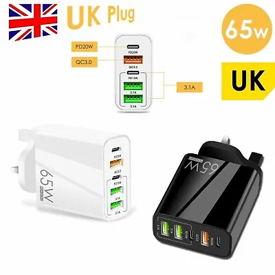 5 Ports Multi Plug Wall Charger 65W Phone Charge Adapter UK 3 USB + C For IPhone • £8.70