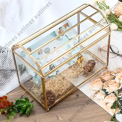 Gold And Glass Wedding Card Box With Lock And Slot Wedding Envelope Card Holder • $85