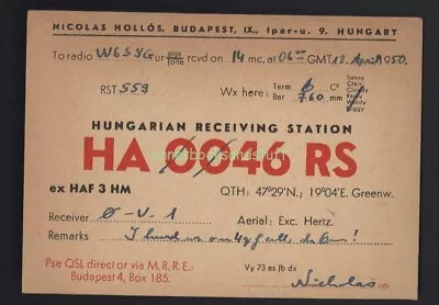 QSL CARD Ham Radio Card * HA0046RS  1950 Hungary Budapest Nicolas Hollos • $6.50