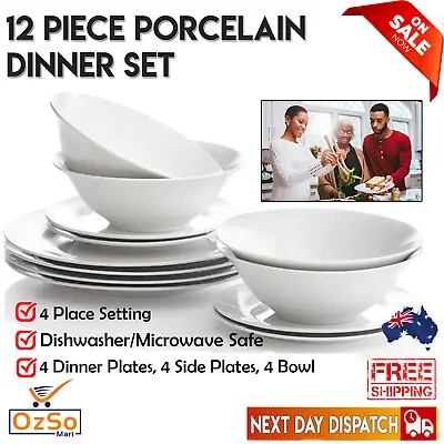 $27.20 • Buy 12 Piece White Dinner Set Porcelain Plates Bowls Dining Dinnerware Table Kitchen