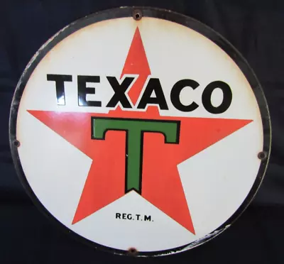 Original Vintage Metal Porcelain Enamel Texaco Oil & Gasoline Sign ~ 11 1/4  DIA • $299.95