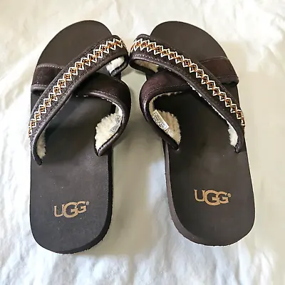 UGG* Flip Flop Sandals Brown Leather/ Shearling Wool Lined Pure Men Size 9~ NWT • $31.19