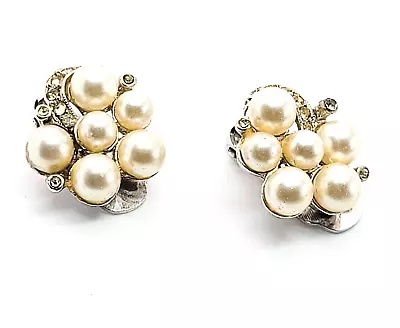 Richelieu Pearl And Pave Rhinestone Vintage Clip On Cluster Earrings • $10.20