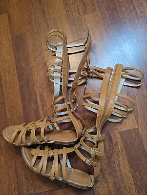 Women Knee High Gladiator Sandals Strappy Beach Flat Shoes Cut Out Boots Sz 7.5 • $45