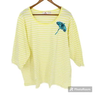 Quacker Factory Yellow White Stripe Umbrella Sequin 3/4 Sleeve Top Plus 3x • $14.99