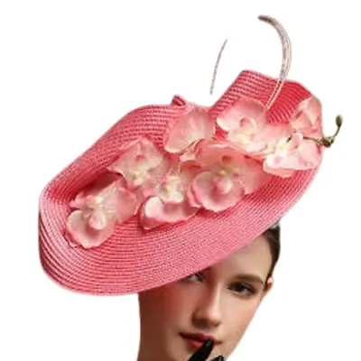 $49.99 • Buy LARGE PINK STRAW FASCINATOR WITH QUILLs AND ORCHIDS ON HEADBAND, SPRING RACES