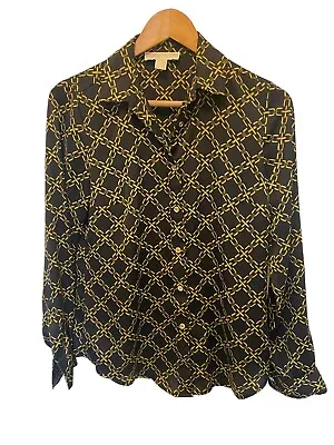 Michael By Michael Kors Women's Black And Gold Chain Print Blouse Shirt Sz 2 • $15.75