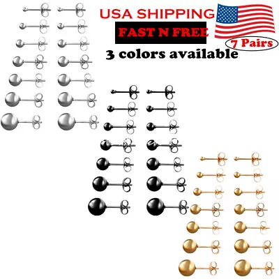 7 Pairs Set Assorted Size Stainless Steel Round Ball Stud Earrings For Men Women • $9.99