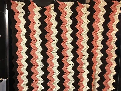 Vintage Hand Made Crochet Blanket Afghan Throw Chevron ~ Tan Peach Brown • $17