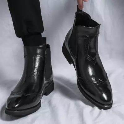 Men's Fashion Faux Leather Carved Pointed Toe Pull On Ankle Boots Casual Shoes • $65.89