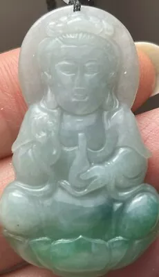 Translucent A Jadeite Jade Green And White Quan Yin & Lotus Pendant Necklace • $88