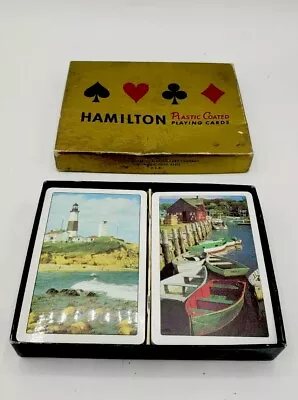 Vtg. Hamilton Plastic Coated Playing Cards Maine Lighthouse Shore Rowboats • $10.95