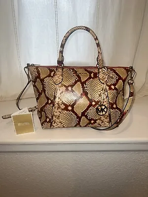 Michael Kors Lenox New Large Python Embossed Leather Red Tan (Coral) Satchel • $159.99