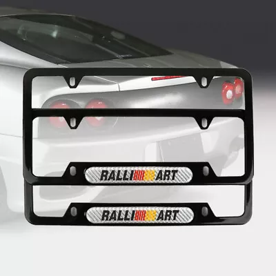 2x Ralliart Black Stainless Steel License Plate Frame & Silver Carbon Fiber Logo • $25