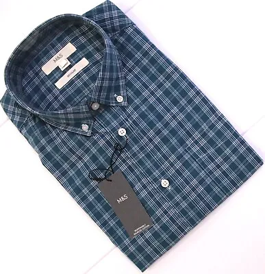 M&S Mens Pure Cotton Short Sleeve Shirt Checked Summer Beach ~M & XL~ Teal Mix • £7.95