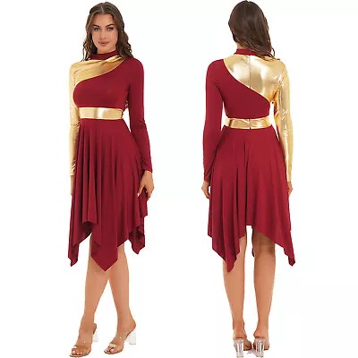 US Women's Metallic Color Block Praise Dance Dress Long Sleeve Lyrical Dancewear • $17.01