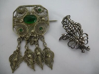 £4.99 • Buy 2 X Vintage Brooches - 1 X Sterling Silver Marcasite Brooch & 1 X Wirework