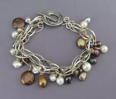 Vintage Sterling Triple Strand Culture Coin Pearl Cha Cha Tennis Toggle Bracelet • $69.99